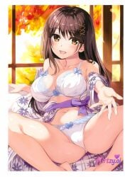 ai ai_art ai_artwork ai_assisted ai_generated blush bow bra brown_hair cute detailed_background flirtzy flirtzy.ai flirtzy_ai flirtzy_ai_art flirtzy_ai_artwork hair_ornament lingerie long_hair looking_at_viewer open_mouth panties ribbon sitting smiling spread_legs underwear yellow_eyes yuri