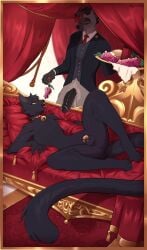 absurd_res anthro balls bell bell_collar big_penis black_penis bottomless bottomless_anthro bottomless_male chastity_cage chastity_device clothed clothing collar collar_only curtains domestic_cat duo fainting_couch feeding felid feline felis food fruit fur furniture genitals grape grey_body grey_fur hair hi_res holding_plate horn humanoid_genitalia humanoid_penis hyena long_tail male male/male mammal myoukky notched_ear nude open_mouth penis pillow plant red_hair slim_anthro slim_male suit tail tongue tongue_out