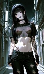 ai_generated bangs belly black_eyes black_hair bra choker collar crop_top emo emo_girl female fingerless_gloves goth goth_girl jeans makeup navel navel_piercing nipple_piercing original original_character pale-skinned_female pale_skin piercings scars see-through see-through_clothing skinny skinny_girl street thong_straps transparent_clothing