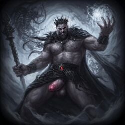 ai_generated beard big_cock big_penis chest_hair cock crown daddy facial_hair gay god hades_(mythology) king male male_focus muscular muscular_male old_man older_male penis red_eyes underworld