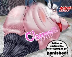 1boy 1girls areolae arm_gloves armwear ass ass_bigger_than_head ass_bigger_than_torso ass_slap bed bedroom big_ass bottom_heavy clenched_teeth dat_ass demon demon_girl dialogue fat_ass female female_focus gluteal_fold hand_print hand_print_on_ass helltaker helltaker_(character) huge_ass hyper hyper_ass indoors large_ass legwear lucifer_(helltaker) lying lying_on_bed lying_on_stomach male massive_ass musk musk_clouds nipple_piercing nipples normi nude nude_female piercing png red_eyes rippling_ass slapping_ass spanking spanking_ass surprised tail text thick_ass thick_thighs thighhighs thunder_thighs white_hair wide_hips