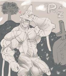 1boy abs anthro asolchan balls bara big_balls big_muscles big_pecs big_penis biting_lip biting_own_lip conehead_zombie_(pvz) drooling grayscale huge_cock huge_pecs male male_focus male_only mummy mummy_wrappings muscles muscular muscular_male no_color penis plants_vs._zombies plants_vs_zombies plants_vs_zombies_2:_it's_about_time smiling solo yaoi zombie zombie_(pvz)