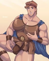 1boy armor big_chest blue_eyes bulge chest_plate greek_mythology hand_on_chest hand_on_crotch hercules_(character) hercules_(disney) ignoet male muscles muscular muscular_male orange_hair solo_focus solo_male tagme