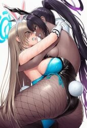 2girls ai_generated ass asuna_(blue_archive) bangs bangs_over_one_eye big_breasts black_hair blonde_hair blue_archive blue_eyes blush breast_press breasts bunny_ears bunny_tail bunnysuit catfight chocolate_and_vanilla choker cleavage clenched_teeth dark-skinned_female dark_skin female female/female female_on_female female_only fight fighting fishnet_legwear girl_on_girl girls_only gloves hair_over_one_eye halo hi_res hips huge_breasts karin_(blue_archive) light-skinned_female light_skin long_hair looking_at_another multiple_girls pantyhose ponytail stockings thick_thighs thighs very_long_hair wide_hips yellow_eyes yuri
