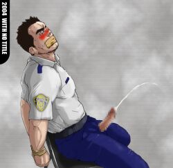 1boy 2004 bara black_hair blush censored dated erection forced_yaoi gay male male_only mosaic_censoring muscular original penis penis_out penis_through_fly police police_uniform rape simple_background solo tagme taped_mouth with_no_title yaoi