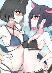2girls angry angry_expression angry_face artist_request belly belly_button belly_to_belly bikini blue_archive breast_press breasts breasts_pressed_against_partner cat_ears cat_tail catfight catgirl competitive glaring halo kazusa_(blue_archive) kikyou_(blue_archive) lesbian_competitive_intercourse staredown titfight wet wet_body wet_skin wrestling yuri