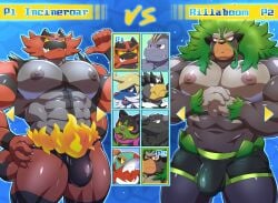 abs anthro barazoku big_muscles big_nipples big_pecs black_body black_clothing black_fur black_speedo black_swimwear blue_background boxer_briefs boxer_briefs_only brown_body bulge character_select claws clothed clothing cracking_knuckles detailed_bulge duo_focus english_text erect_nipples facial_hair fire_belt fur generation_1_pokemon generation_5_pokemon generation_6_pokemon generation_7_pokemon generation_8_pokemon generation_9_pokemon genital_outline gesture green_boxer_briefs green_clothing green_eyes green_hair green_underwear group hair hand_gesture hawlucha headshot_portrait hi_res incineroar legendary_pokemon looking_at_viewer machoke maldu male moustache muscular muscular_anthro muscular_male navel nintendo nipples okidogi orange_eyes paldean_form paldean_tauros paldean_tauros_(combat_breed) pecs penis_outline pointing pointing_at_self pokemon pokemon_(species) portrait red_body red_eyes red_fur regional_form_(pokemon) rillaboom samurott sharp_teeth simple_background single_strike_style_urshifu smug smug_grin snout speedo speedo_only swimwear tail teeth text tongue tongue_out topless topless_anthro topless_male underwear underwear_only urshifu white_facial_hair white_mustache yellow_eyes yellow_sclera