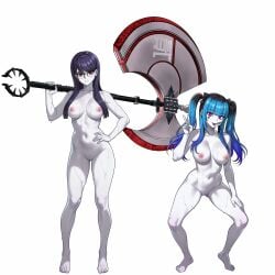 2girls blue_hair character_request completely_nude copyright_request giant_axe giant_weapon glasses nipples purple_hair pussy red_eyes tagme twintails twintails_(hairstyle) vodka13 white_skin