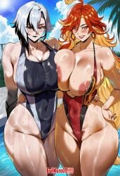 ai_generated arlecchino_(genshin_impact) breasts competition_swimsuit curvy_figure evilkuro05 genshin_impact hoyoverse hugging_waist male massive_breasts mavuika_(genshin_impact) pool poolside standing thick_hips thick_legs voluptuous_male