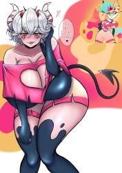 2d 2d_(artwork) 2d_artwork 2girls alternate_body_type alternate_breast_size ass bare_shoulders beelzebub_(helltaker) big_ass big_breasts big_hips boob_window breasts breasts_bigger_than_head cleavage cleavage_window crossover crossover_cosplay demon demon_girl demon_horns demon_tail dialogue eyelashes female freckles freckles_on_face furry_female hand_on_face hand_on_leg hand_on_thigh happykon helltaker helluva_boss hi_res hips hips_wider_than_shoulders horns large_breasts looking_at_viewer mature mature_female mature_woman pose posing queen_bee-lzebub_(helluva_boss) red_eyes red_eyes_female short_hair short_hair_female smile smiling smiling_at_viewer tail two_tone_body two_tone_hair vivienne_medrano vivziepop white_hair white_hair_female wide_hips