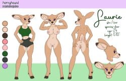 5_fingers anthro anus ass big_ears bottomwear breasts clothing deer ears_up female fingers flexing front_view genitals hi_res hooves hornyhound laurie_(mistakejake) mammal mistakejake model_sheet purple_eyes pussy rear_view solo spreading tail topwear vulva