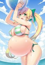 arms_up beach_ball big_belly bikini blonde_hair blue_sky blush bow braid breasts cleavage cloud cloudy_sky covered_erect_nipples cowboy_shot fairy female female_focus green_clothing green_eyes hair_ornament kirigaya_suguha large_breasts leafa leaning_forward long_hair looking_at_viewer navel open_mouth outdoors pointy_ears ponytail pregnant side-tie_bikini sideboob sky solo striped_bikini striped_clothing swimsuit sword_art_online twin_braids very_long_hair wet