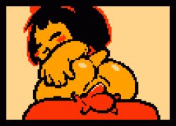 animated ass big_ass black_hair cowgirl_position hand_on_ass penis pixel_art pussy red_body sex soff_doll tail testicles vaginal_penetration yellow_body yopy yuh_(yopy)