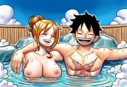 1boy 1boy1girl 1girls ai_generated areola areolae big_breasts black_hair casual casual_exposure casual_nudity casual_sex casual_topless dark_hair exhibitionism exhibitionist female hair_bun happy happy_female happy_sex hard_nipples hot_spring huge_breasts hugging hugging_another hugging_partner monkey_d_luffy nami_(one_piece) nipples nudism nudist nudity one_piece onsen orange_hair public public_exposure public_nudity public_restroom public_sex red_hair scar skin_contrast small_nipples smile smiling smiling_at_another smiling_at_partner wet wet_body wet_skin