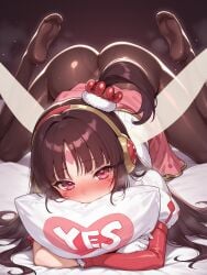 1girls ai_generated ass bed blush brown_hair duel_monster female focus gloves heart hi_res jack-o_pose konami legwear looking_at_viewer red_eyes seductive solo squirtle0007 sweat sweatdrop trickstar trickstar_lycoris young yu-gi-oh!