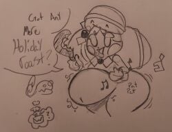 1girls bananamilkies bbw belly chicken_leg chubby chubby_female cookie_run eating female huge_belly macaron_cookie music_note weight_gain