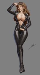 absurdly_large_breasts artist_signature breasts breasts_squeezed_together brown_eyes brown_hair cat_suit commission female form_fitting_clothing glasses grey_background large_breasts long_hair lupin_iii lupin_the_third:_mine_fujiko_to_iu_onna mine_fujiko nipples one_color_background sharp_ears sirenlin solo solo_female zipper zipper_down