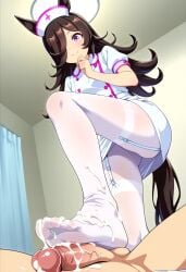 1boy ai_generated animal_ears brown_hair cum cum_on_feet cum_on_socks dominant_female feet feet female femdom foot_fetish foot_focus foot_play foot_worship footjob footjob_with_legwear footwear horse_ears horse_girl horse_tail purple_eyes rice_shower_(umamusume) smile socks stomp stomping_on_dick submissive_male umamusume umamusume_pretty_derby