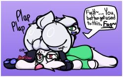 accessory anthro ass balls big_balls big_butt bodily_fluids bovid caprine crying darkner deep_throat deltarune duo english_text eyewear face_fucking fellatio forced fur genitals glasses goat green_eyes headband hi_res homophobic_slur horn irrumatio kneeling lagomorph leporid lying male male/male mammal nude on_back oral oral_penetration pawpads paws penetration penile penis penis_in_mouth perineum pink_eyes prim_(primsylveon) primsylveon rabbit ralsei rape sex shaded signature simple_background slur sound_effects speech_bubble tears text throat_swabbing undertale_(series) white_body white_fur