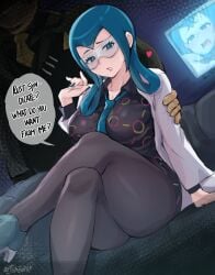 1boy 1girls absurdres artsheops blue_eyes blue_hair blue_nails blush breasts crossed_legs english_text female glasses hand_on_another's_arm heart highres lab_coat labcoat large_breasts lips mable_(pokemon) male nail_polish necktie open_mouth pokemon pokemon_legends:_z-a rust_syndicate sitting teeth tongue