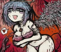 angel artist_request blood_on_face blood_stain bra character_request devil_horns halo heart-shaped_pupils light-skinned_female light_blue_hair source_request wings