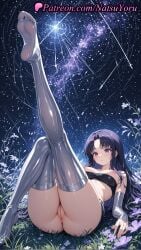 1girls 2025 ai_generated anus ass bangs blackfire blush breasts dc dc_comics feet flower grass grey_thighhighs hi_res highres komand&#039;r labia_majora leg_up legs legs_up long_hair looking_at_viewer lying natsuyoru night nipples no_shoes patreon purple_eyes purple_hair pussy sky soles solo star_(sky) starry_sky strapless teen_titans thighhighs thighs toes tube_top uncensored vagina voluptuous voluptuous_female warner_brothers