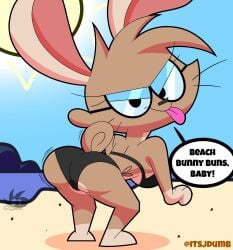 2025 anthro ass beach big_butt black_bra black_clothing black_eyes black_panties black_underwear bra breasts brown_body clothed clothing digital_media_(artwork) english_text eyelashes eyewear female glasses hi_res jdone lagomorph leporid looking_at_viewer mammal panties presenting presenting_hindquarters rabbit sarena_(jdone) shaking shaking_butt solo tail text tongue tongue_out twerking underwear whiskers