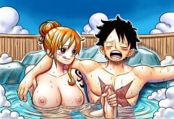1boy 1boy1girl 1girls ai_generated areola areolae big_breasts big_penis black_hair casual casual_exposure casual_nudity casual_sex casual_topless cock cock_hungry cock_worship dark_hair erect_penis erection erection_pushing_underwear erection_under_underwear exhibitionism exhibitionist female hair_bun handjob happy happy_female happy_sex hard_nipples hot_spring huge_breasts huge_cock hugging hugging_another hugging_partner monkey_d_luffy nami_(one_piece) nipples nudism nudist nudity one_piece onsen orange_eyes orange_hair public public_exposure public_nudity public_restroom public_sex red_hair scar skin_contrast small_nipples smile smiling smiling_at_another smiling_at_partner tattoo tongue tongue_out wet wet_body wet_skin