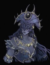 1girls armlet baldur's_gate baldur's_gate_3 bare_shoulders black-skinned_female black_background black_hair black_skin braid breasts cleavage closed_mouth commentary dark-skinned_female dark_fantasy dark_skin deity english_commentary female gold gold_necklace gothic highres jewelry long_hair mask medium_breasts necklace purple-skinned_female purple_skin shar_(baldur's_gate) simple_background solo two_tone_skin very_long_hair zoe0701