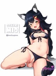 ai ai_art ai_assisted ai_generated animal_ears bikini black_hair blush bow braid breasts cleavage fangs flirtzy.ai flirtzy_ai hair_ornament heart-shaped_pupils long_hair looking_at_viewer navel open_mouth red_eyes simple_background smile solo swimsuit tail tongue very_long_hair white_background yellow_eyes