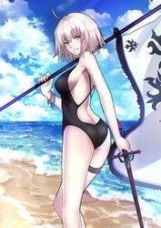 fate/grand_order fate_(series) female female_only flag flagpole from_behind jeanne_alter kousaki_rui looking_at_viewer short_hair swimsuit sword tagme white_hair