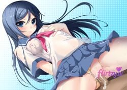 ai ai_art ai_assisted ai_generated big_penis blue_eyes blush breasts cleavage cum curvy erection flirtzy.ai flirtzy_ai long_hair lying navel nipples panties ribbon school_uniform seductive solo