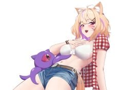 ahoge animal_ear_fluff animal_ears bangs blonde_hair blue_shorts blush breasts cat_ears crop_top denim eyebrows_visible_through_hair female hair_ornament hairclip hand_on_own_chest looking_at_viewer midriff multicolored_hair navel necropoi open_mouth plaid plaid_shirt purple_eyes short_hair short_shorts short_sleeves shorts smile squchan_(vtuber) stomach striped vyugen white_background