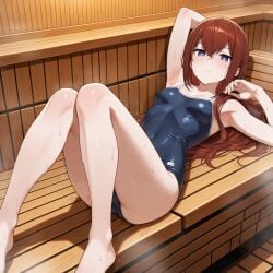1girls ai_generated armpits bed bedroom cleavage female laying makise_kurisu one-piece_swimsuit sauna school_swimsuit smile solo stockings sweat