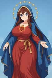 ai_generated big_ass big_breasts big_thighs blue_eyes brown_hair busty curvaceous curvy curvy_figure divine_slut full_body fully_clothed halo mature_female milf mommy mother nun our_lady_mary religion sacred_heart solo solo_female solo_focus virgin_mary