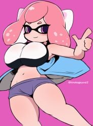 1girls artist_signature big_breasts blush bow coat eyelashes inkling inkling_girl light-skinned_female light_skin looking_at_viewer makino_nono midriff navel pink_eyes pink_hair shorts simple_background smile solo splatoon splatoon_(series) tentacle_hair thighs