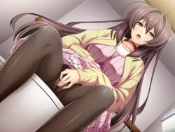 bathroom black_pantyhose blush breasts brown_eyes brown_hair cardigan casual choker clothed_masturbation clothes_lift collarbone crotch_seam dutch_angle female female_masturbation fingering fingering_through_clothes from_below game_cg hair_between_eyes hair_intakes indoors inoino jacket katsuragi_marina kouyoku_senki_exs-tia large_variant_set lifting_own_clothes long_hair long_sleeves looking_at_viewer masturbation masturbation_through_clothes non-web_source official_art open_clothes open_mouth panties panties_under_pantyhose pantyhose pink_skirt red_choker ribbed_sweater sitting skirt skirt_lift solo sweater through_clothes toilet toilet_use underwear variant_set very_long_hair wet wet_clothes wet_panties yellow_eyes yellow_jacket