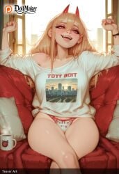 ai_generated blonde_hair blush breasts clothes_writing couch dollmaker dollmaker_(artist) female hair_between_eyes horns long_hair looking_at_viewer open_mouth panties patreon_logo patreon_username pillow power_(chainsaw_man) red_horns sharp_teeth shirt sitting smile solo tagme teeth underwear watermark white_panties