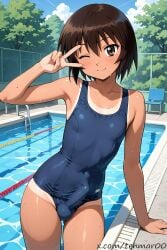 1boy ai_generated azumanga_daiou black_hair brown_eyes bulge femboy genderswap_(ftm) kagura_(azumanga_daiou) looking_at_viewer male outdoors penis penis_outline pool rule_63 school_swimsuit smile solo standing swimsuit tagme tan tan_body tanline tehmar trap v_sign wink