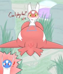 absurd_res anime_nosebleed anus blood blush blush_lines bodily_fluids duo female feral furry generation_3_pokemon genitals glacefrostbite glistening glistening_genitalia glistening_vulva grass hi_res latias latios legendary_pokemon nintendo nosebleed open_mouth outside plant pokemon pokemon_(species) pokemon_unite presenting presenting_anus presenting_vulva pussy sidewalk smile surprised vulva yellow_eyes