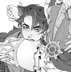 1boy 1girls bare_thighs bite biting biting_thigh female genshin_impact looking_at_viewer male male/female monochrome navia_(genshin_impact) straight suggestive thick_thighs thighs wriothesley_(genshin_impact)