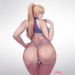 1girls ass back_view female female_only huge_ass human metroid panties pinkdrawz samus_aran solo solo_female thong underwear