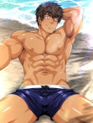1boy abs armpits arms_up beach beefy biceps big_areola blush brown_eyes brown_hair gay hands_behind_head hi_res looking_at_viewer male male_only mature_male murakami_tarosu muscles muscular muscular_arms muscular_male navel original original_character outdoors pecs seaside selfie shaved_armpit short_hair shorts sitting six_pack smile solo spread_legs sunlight swimming_trunks swimsuit thisarmor topless triceps veiny_arms wave yaoi