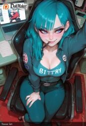 ai_generated amplifier_(instrument) aqua_hair backpack bag blue_hair brand_name_imitation breasts car cellphone chair cleavage clothes_writing computer desk dollmaker dollmaker_(artist) drawing_tablet english_text female health_bar id_card keyboard_(computer) laptop monitor mouse_(computer) mouth_hold name_tag office_chair paper patreon_logo patreon_username pen phone recording sitting smartphone smile solo tablet_pc tagme watermark web_address
