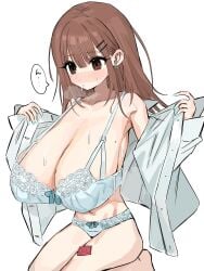 :| aroused bfmelu breasts brown_hair collarbone collared_shirt condom condom_wrapper expressionless female gigantic_breasts girlfriend hairclip in_heat kneeling lingerie long_hair mole_on_breast mole_under_eye nose_blush off_shoulder sagging_breasts steam sweat sweaty top_heavy undressing white_shirt