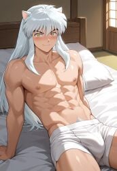 1boy abs ai_generated arm_support bed bsky_link bulge civitai dvxxxgrai gay illustrious_(stable_diffusion) indoors inuyasha inuyasha_(character) lying_on_bed male male_only male_underwear navel nipples nude smile solo solo_male tagme underwear underwear_only yaoi