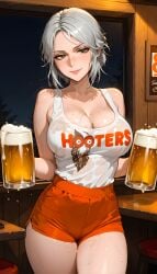 ai_generated alcohol beer breasts cd_projekt_red ciri female freckles green_eyes hooters hooters_uniform light-skinned_female looking_at_viewer mascara philolite scar smiling solo solo_female the_witcher_(series) the_witcher_3:_wild_hunt waitress watermark wet_body white_hair