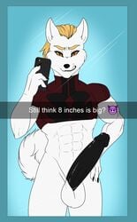 anthro balls big_balls big_penis black_penis blonde_hair bottomless calheb-db canine clothed clothing crop_top english_text erection hair huge_cock humanoid_penis looking_at_viewer male male_only mammal mirror muscular muscular_male orange_eyes penis selfie shirt snapchat solo standing text tight_clothing