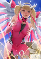 alternate_costume big_breasts blonde_hair blue_eyes breasts cleavage female female_only gawkinn large_breasts looking_at_viewer mercy overwatch pink_mercy solo twintails