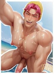 1boy abby_(kpop_demon_hunters) bara breasts cum cum_on_body gay kpop_demon_hunters male male_nipples male_only manboobs muscular muscular_male nude nude_male penis pink_hair saja_boys smelycheese solo yaoi